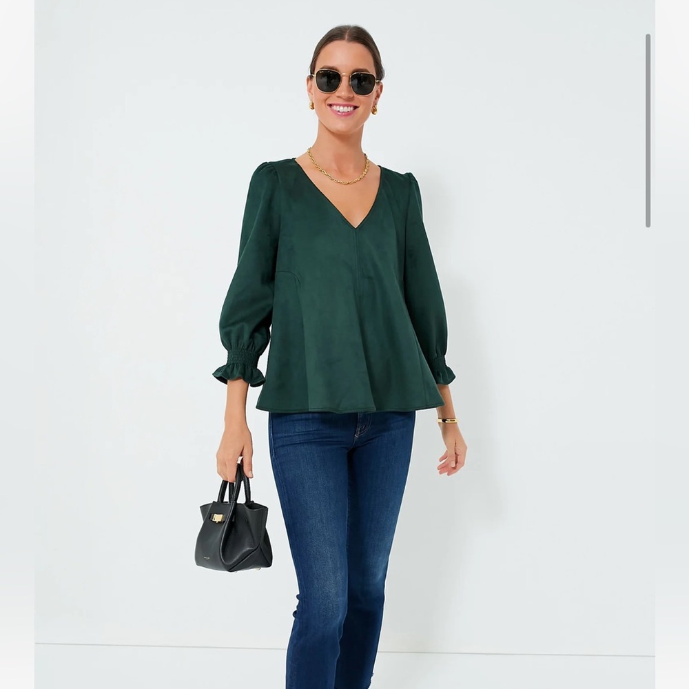 Tuckernuck Malachite Green V-Neck Suede Easton Blouse